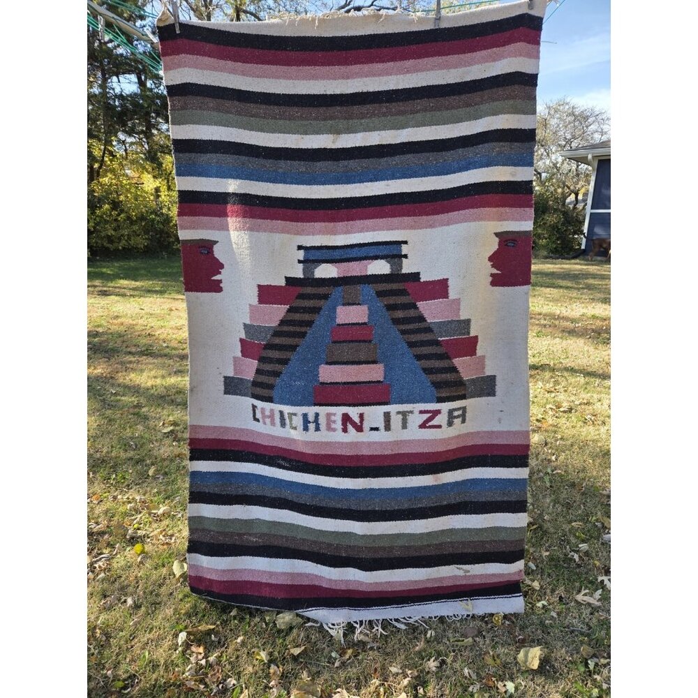 Vintage Handwoven Mexican Sherpa‎ Blanket Tapestry Rug Chichen Itza 44x76 Aztec